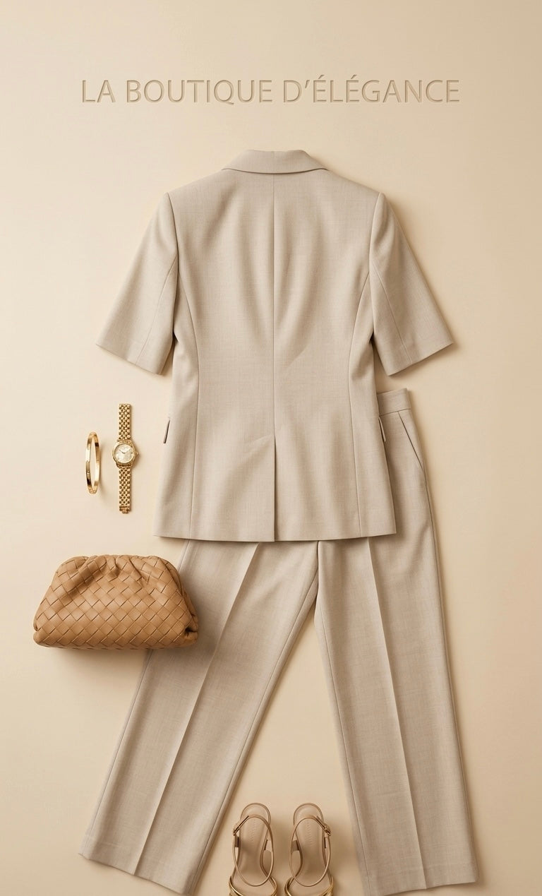 2026 Veste blazer pour femmes Costume Élégant à manches courtes à double boutonnage Vestes ajustées Pantalon droit Ensemble de navetteur pour femme