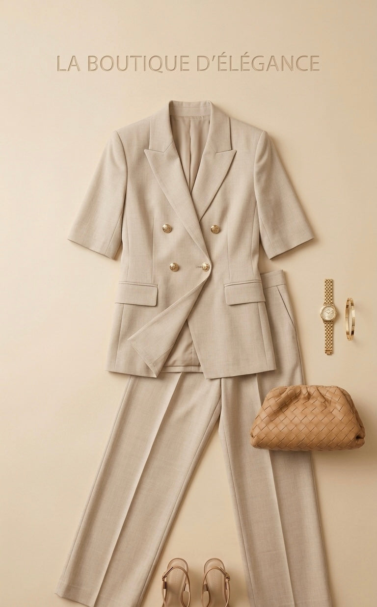 2026 Veste blazer pour femmes Costume Élégant à manches courtes à double boutonnage Vestes ajustées Pantalon droit Ensemble de navetteur pour femme