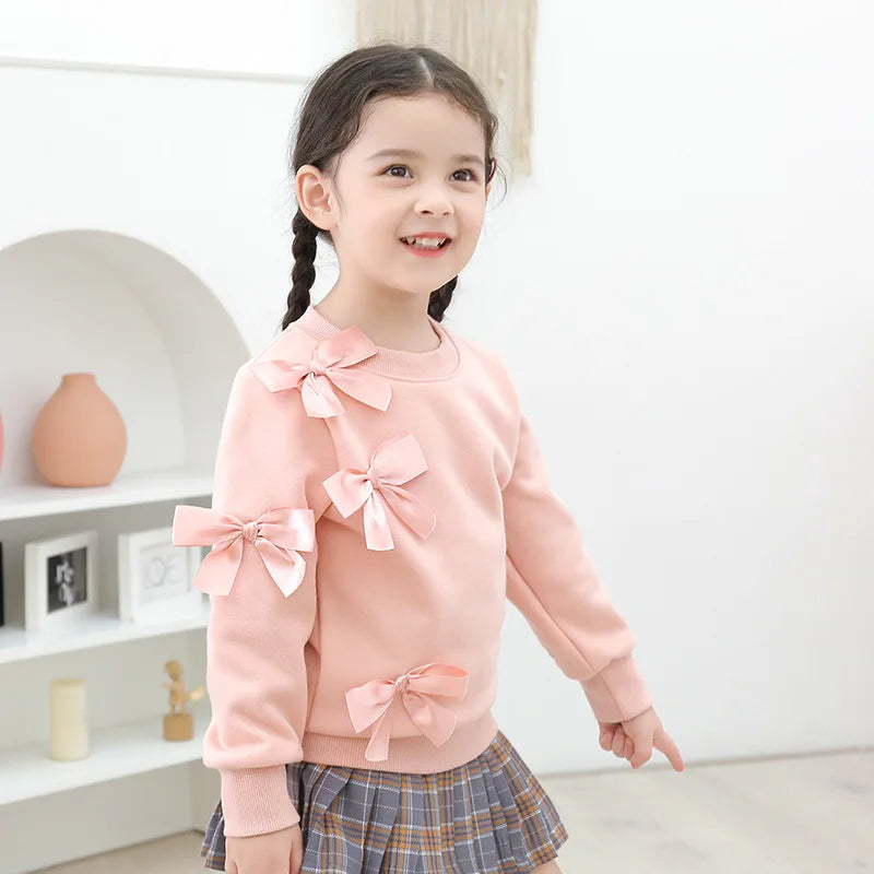 Automne Hiver Enfants Filles Sweat-shirts Manteau Noeud Décorer Vêtements Roses Enfants Fluff Sport Casual Sweater