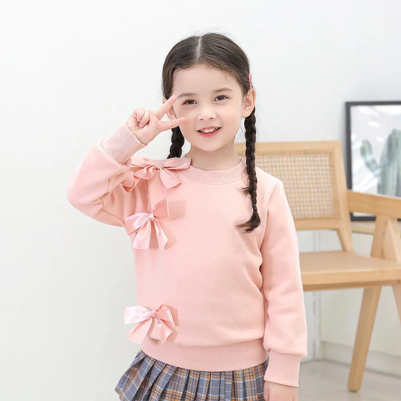 Automne Hiver Enfants Filles Sweat-shirts Manteau Noeud Décorer Vêtements Roses Enfants Fluff Sport Casual Sweater