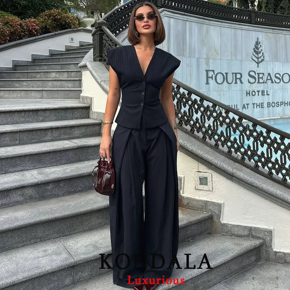 KONDALA Vintage Stripe Print Femmes Costumes V Neck Buttons Gilet Taille haute Pantalon à jambes larges Mode 2026 Printemps Été Costumes de bureau