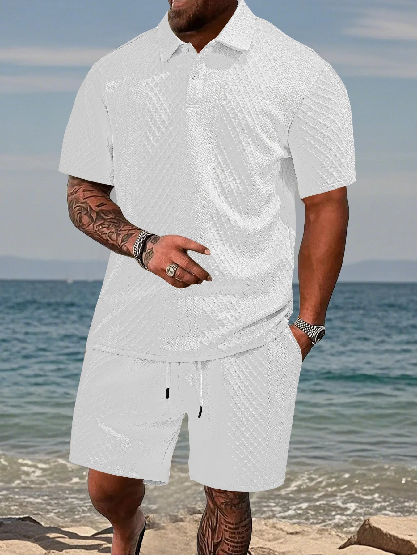 2025 Été Nouveau Décontracté Pour Hommes Avec Un Revers, Chemise Et Short À Manches Courtes Pour Hommes, Costume En Texture Jacquard