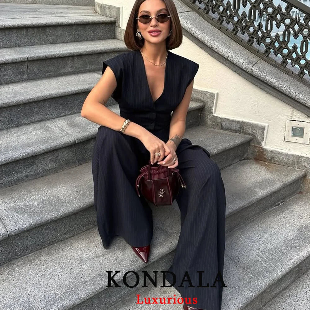 KONDALA Vintage Stripe Print Femmes Costumes V Neck Buttons Gilet Taille haute Pantalon à jambes larges Mode 2026 Printemps Été Costumes de bureau