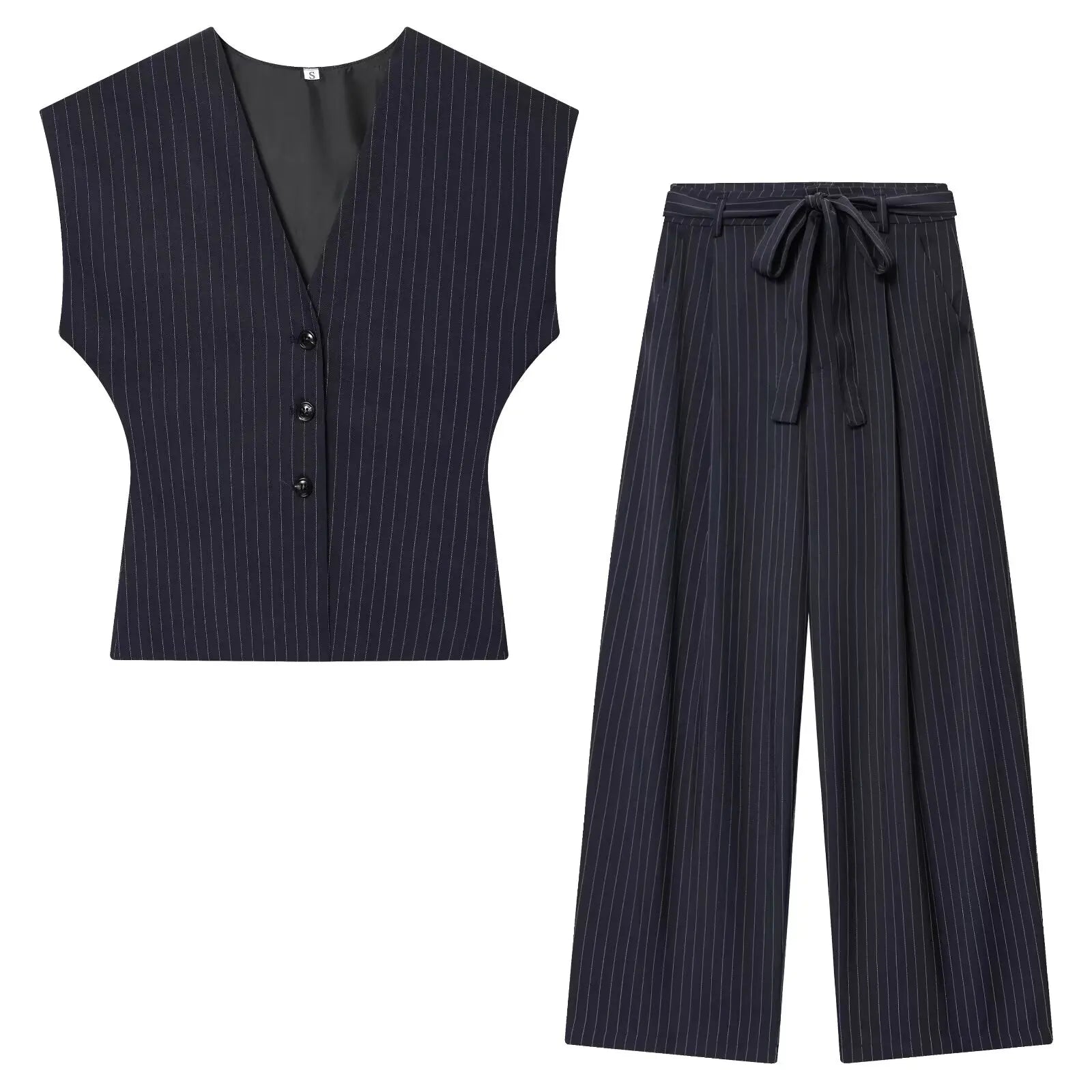 KONDALA Vintage Stripe Print Femmes Costumes V Neck Buttons Gilet Taille haute Pantalon à jambes larges Mode 2026 Printemps Été Costumes de bureau