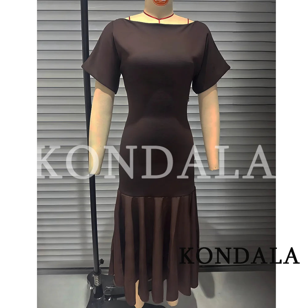 KONDALA Vintage Boat Collar Long Dress Women's Elegant Casual Splicing Pleated Dress New 2026 Spring Summer Fashion Slim Dress