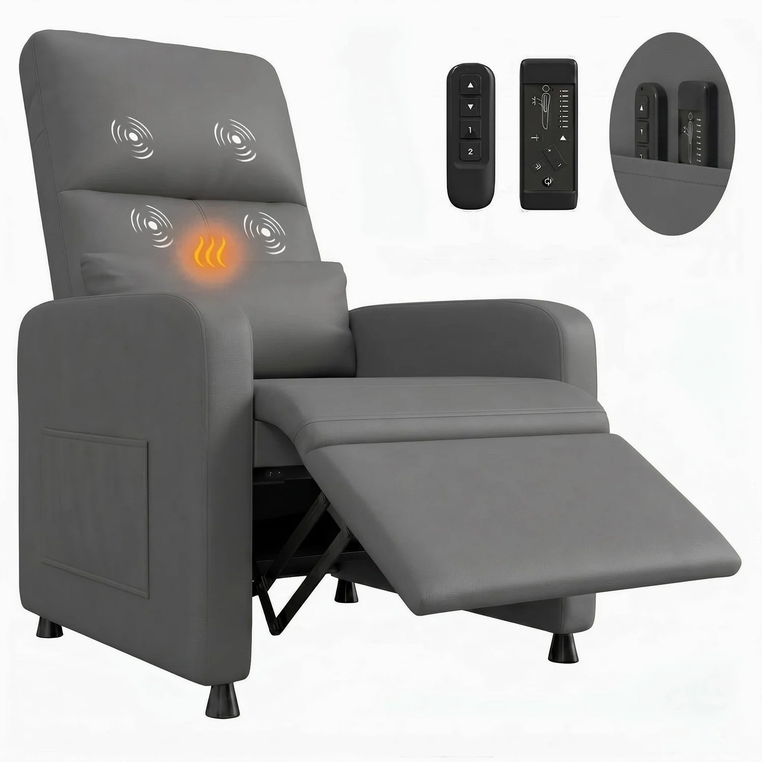 Power Recliner Chair with Heat & Massage, PU Leather Single Electric Sofa with Padd Seat & 2 Side Pockets for Living Room
