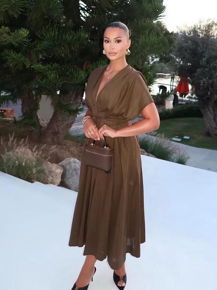 HH Femmes Nouvelle mode Col en V Plissée Épaule Robe mi-longue à manches courtes Tempérament féminin Robe longue décontractée à taille haute