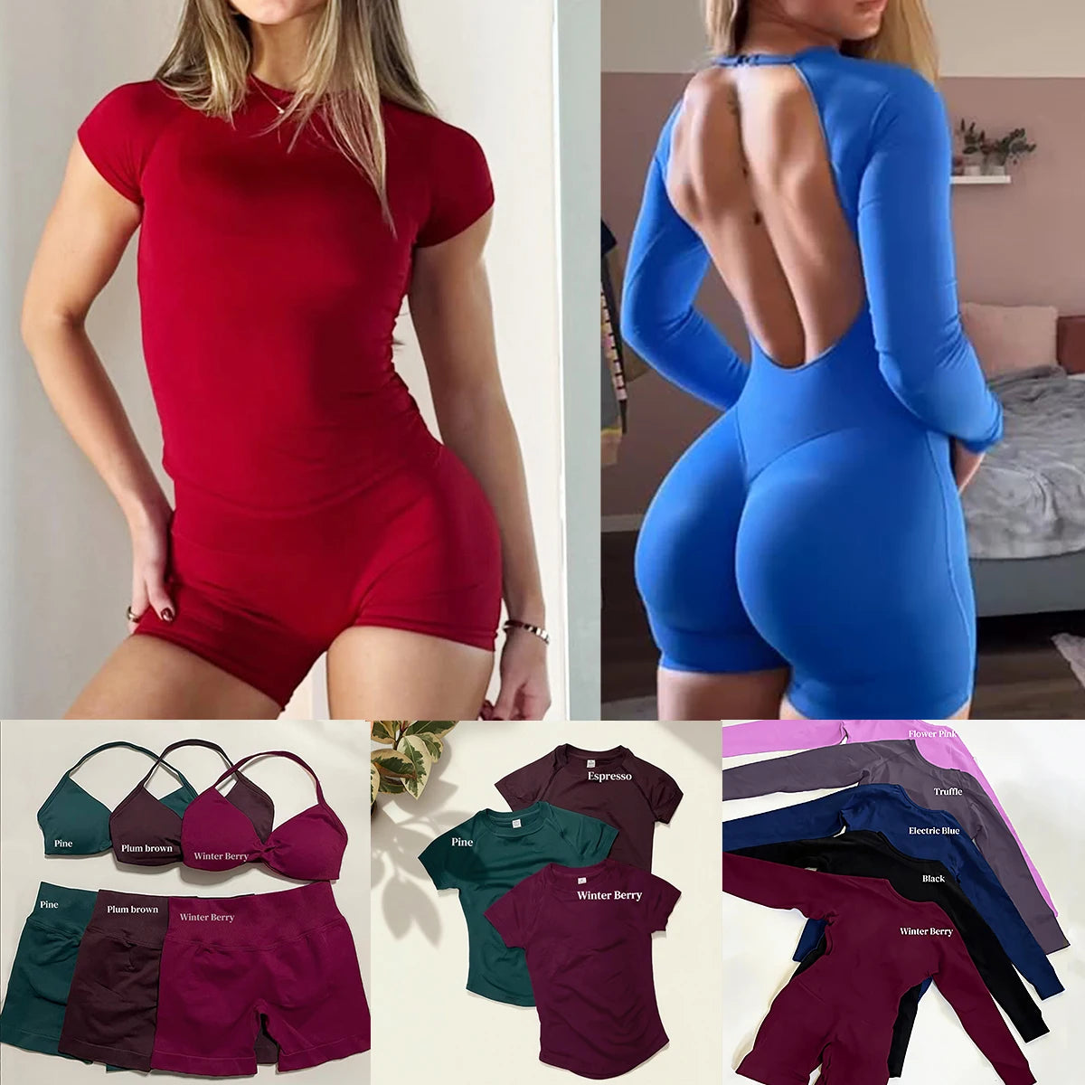 3 Pieces Gym Set Woman Seamless Short Sleeve Top & Scrunch Gym Shorts& Sport Strappy Bra Bodysuit Workout Suits Gym Clothes
