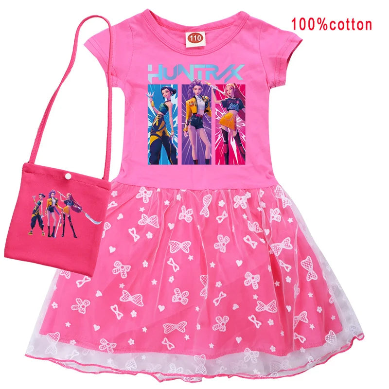 KPop Demon Hunters Rumi Dress Kids Summer Dress Baby Girl's Casual Dresses & Bag 2pcs Sets Lovely Wedding Party Princess Vestido