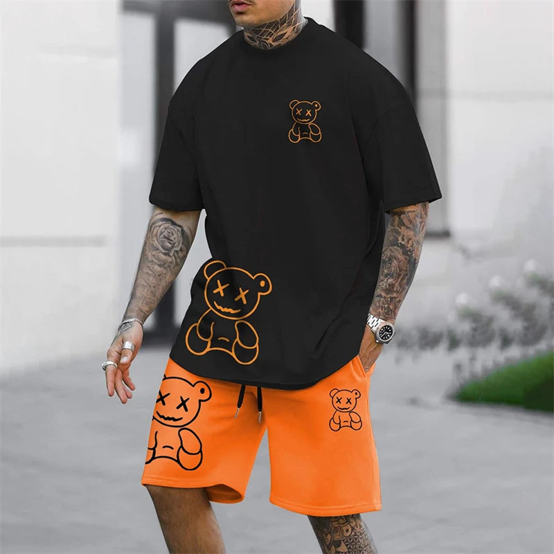 2026 Fun Bear Harajuku T-shirt Hommes Été Lâche Quotidien Couple Costume Extérieur Street Short à Manches Courtes Deux Pièces Costume D’Été Pour Hommes
