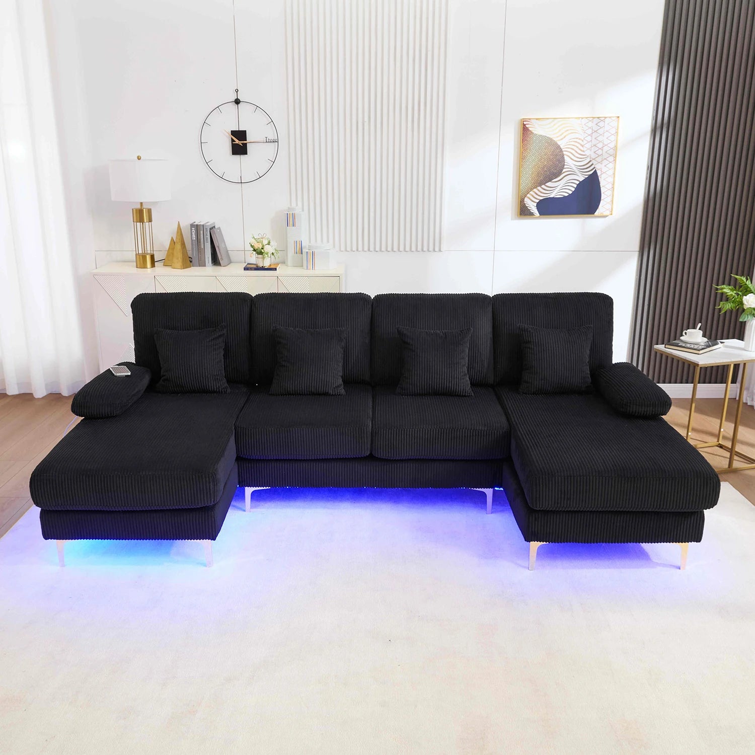 KOMHTOM Comfortable Large Ergonomic U-Sofa with Mood-setting LED Ambient Light, Practical USB-C Charging Function, Sturdy Solid Wood Frame, 4 Soft Luxury Cushions