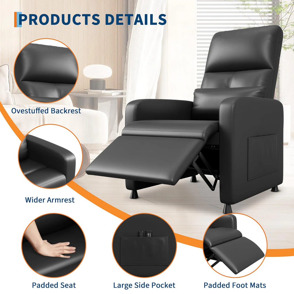 Power Recliner Chair with Heat & Massage, PU Leather Single Electric Sofa with Padd Seat & 2 Side Pockets for Living Room
