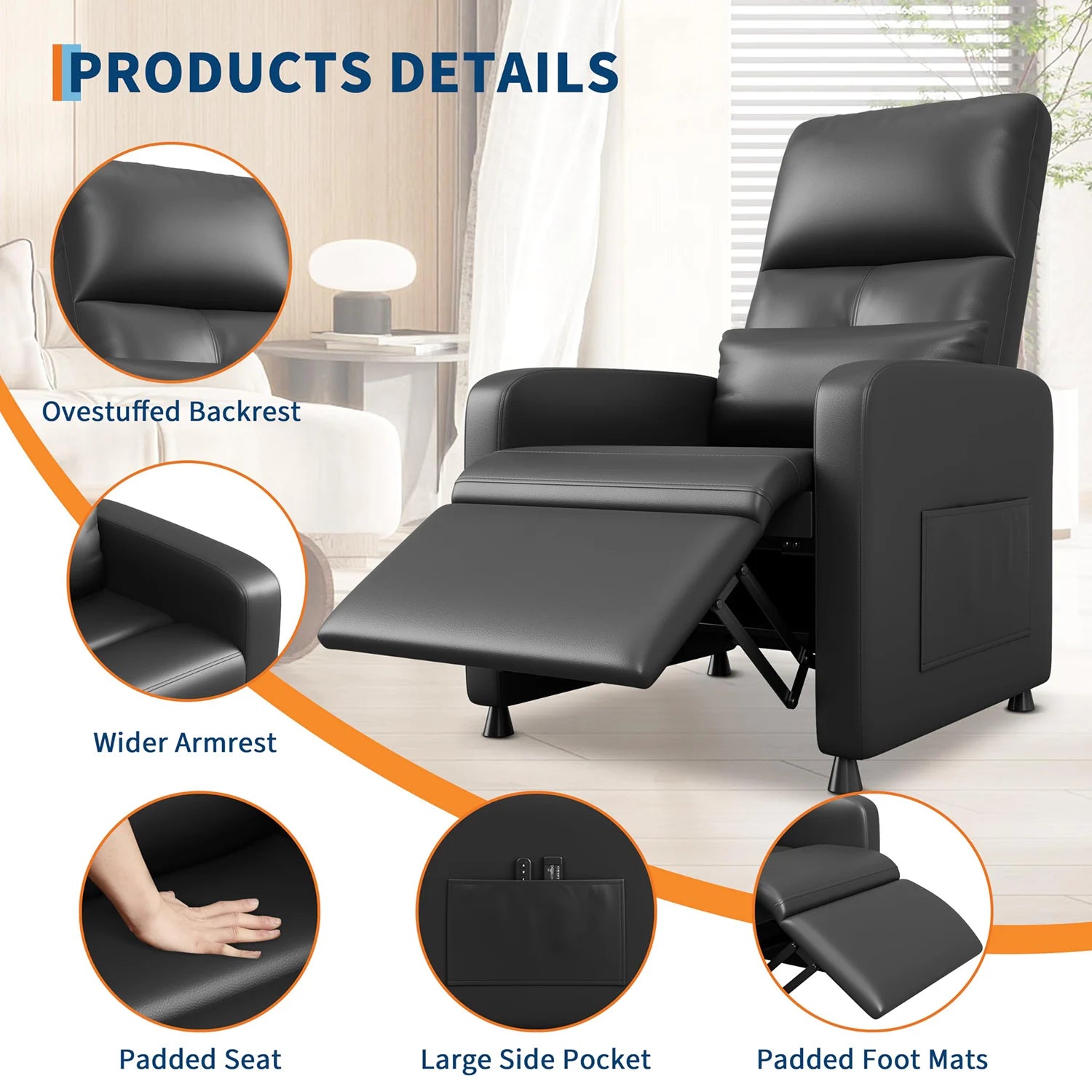 Power Recliner Chair with Heat & Massage, PU Leather Single Electric Sofa with Padd Seat & 2 Side Pockets for Living Room