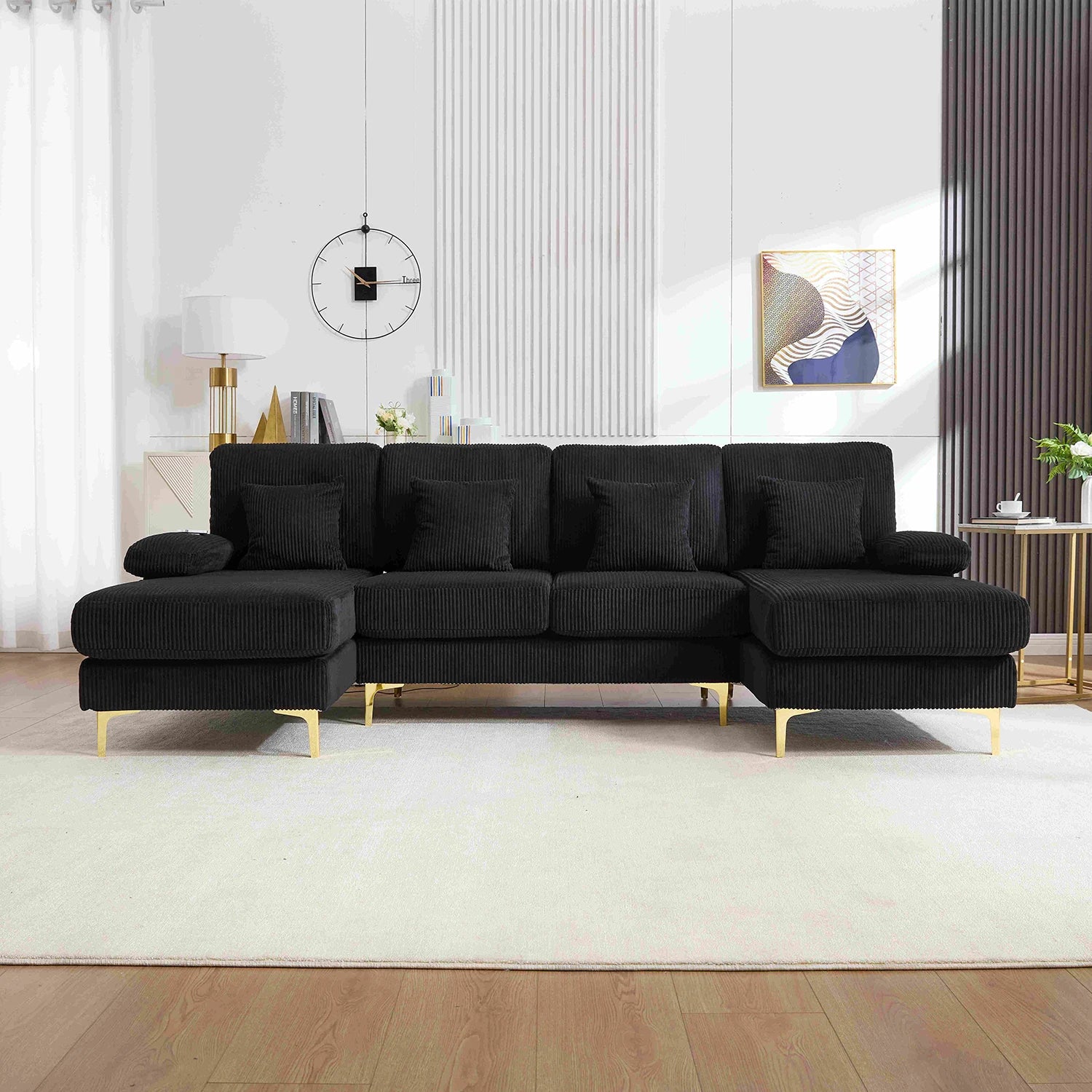 KOMHTOM Comfortable Large Ergonomic U-Sofa with Mood-setting LED Ambient Light, Practical USB-C Charging Function, Sturdy Solid Wood Frame, 4 Soft Luxury Cushions