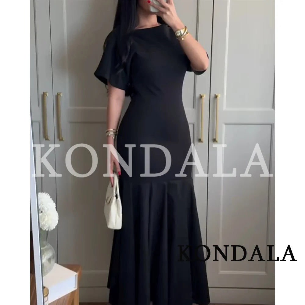 KONDALA Vintage Boat Collar Long Dress Women's Elegant Casual Splicing Pleated Dress New 2026 Spring Summer Fashion Slim Dress
