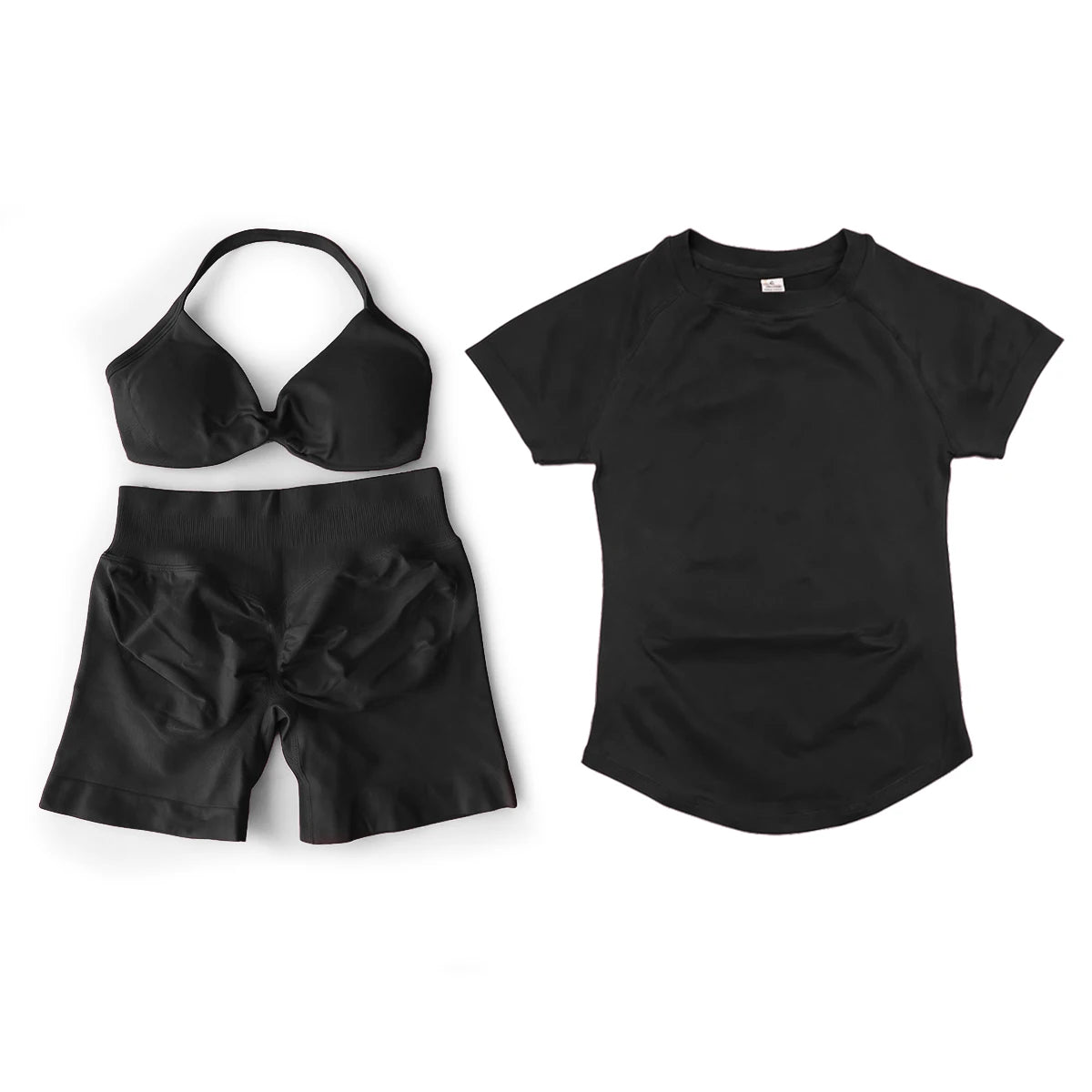 3 Pieces Gym Set Woman Seamless Short Sleeve Top & Scrunch Gym Shorts& Sport Strappy Bra Bodysuit Workout Suits Gym Clothes