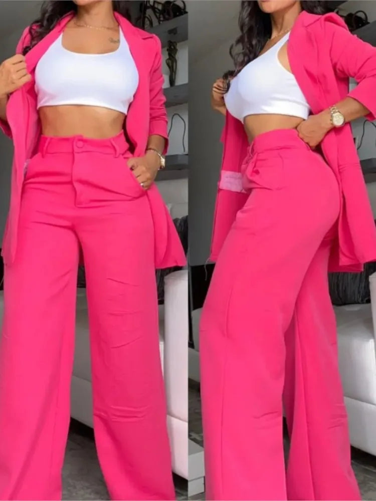Ensembles de blazer élégant pour femmes Nouvelle mode d’automne Manteau à col claté pour femmes + pantalon design de poche Ensemble Travail Trajet Costume deux pièces