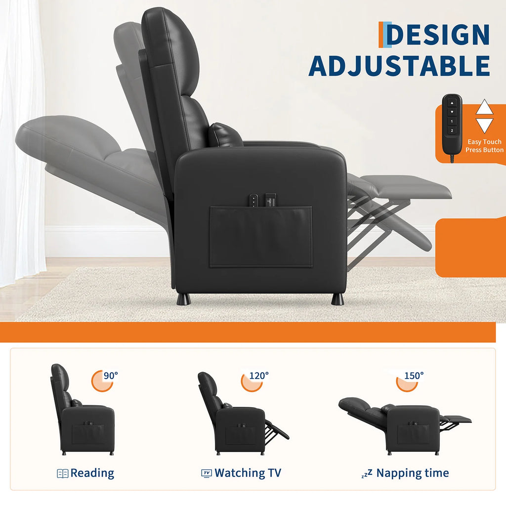 Power Recliner Chair with Heat & Massage, PU Leather Single Electric Sofa with Padd Seat & 2 Side Pockets for Living Room