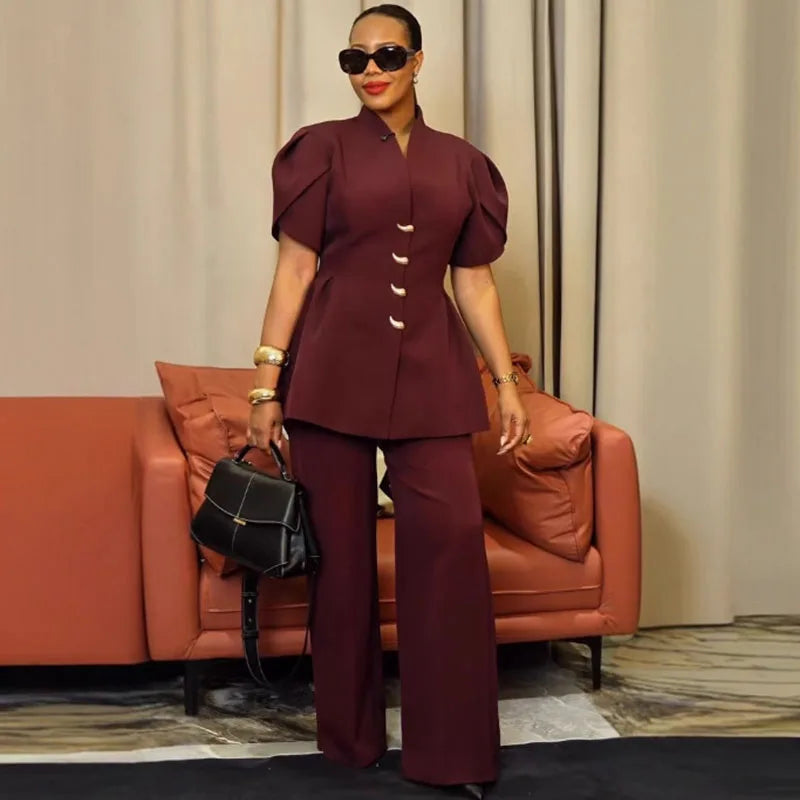 Ensemble vintage élégant en deux pièces pour femmes Ensembles assortis Office Lady à manches bouffantes à un seul boutonnage et costumes de pantalons à jambes larges