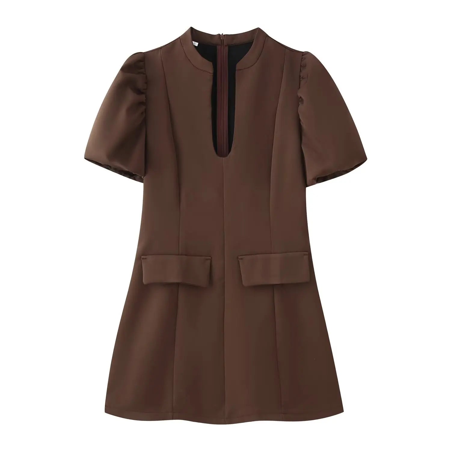 KONDALA Elegant Holiday Chic Women Mini Dress Black O-Neck Zipper Short Puff Sleeve Dress Fashion 2026 Spring Summer Party Dress