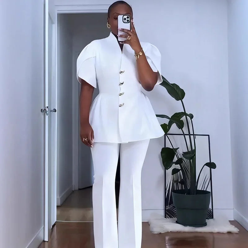 Ensemble vintage élégant en deux pièces pour femmes Ensembles assortis Office Lady à manches bouffantes à un seul boutonnage et costumes de pantalons à jambes larges