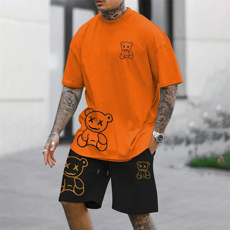 2026 Fun Bear Harajuku T-shirt Hommes Été Lâche Quotidien Couple Costume Extérieur Street Short à Manches Courtes Deux Pièces Costume D’Été Pour Hommes