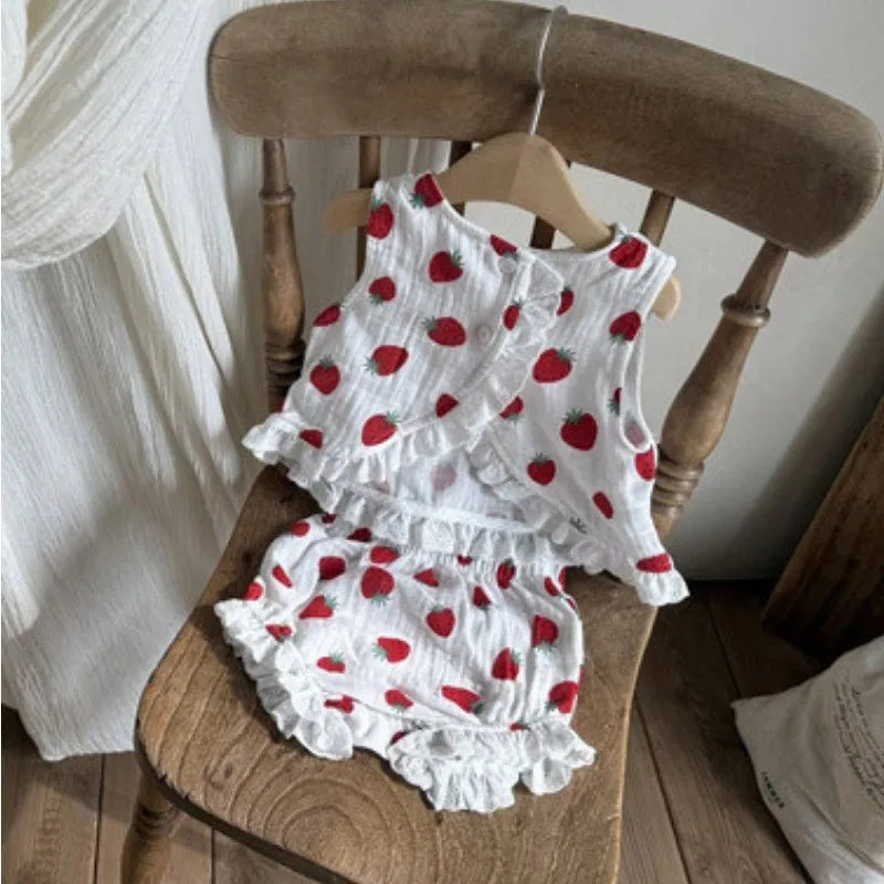 Été Bébé Fille Coton Douce Dentelle Bord Couleur Unie Fraise Gilet Grand P Shorts Ensemble Tenue Bébé
