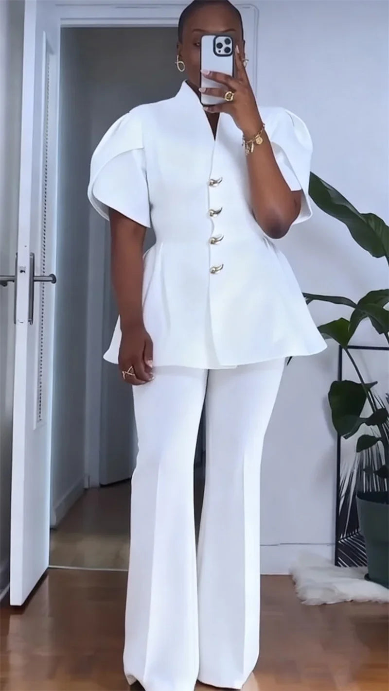Ensemble vintage élégant en deux pièces pour femmes Ensembles assortis Office Lady à manches bouffantes à un seul boutonnage et costumes de pantalons à jambes larges