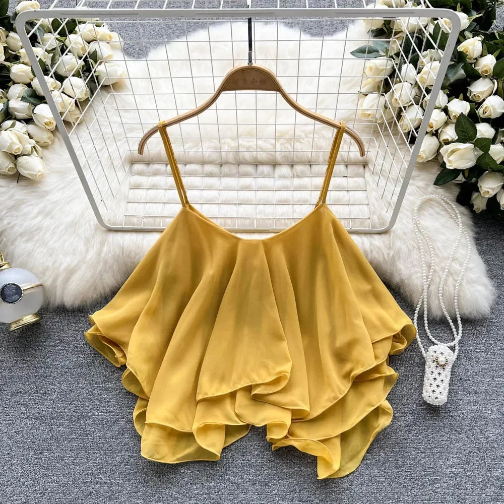 Crop Top Été Bretelles Fines Y2K – Volants Chiffon Femme