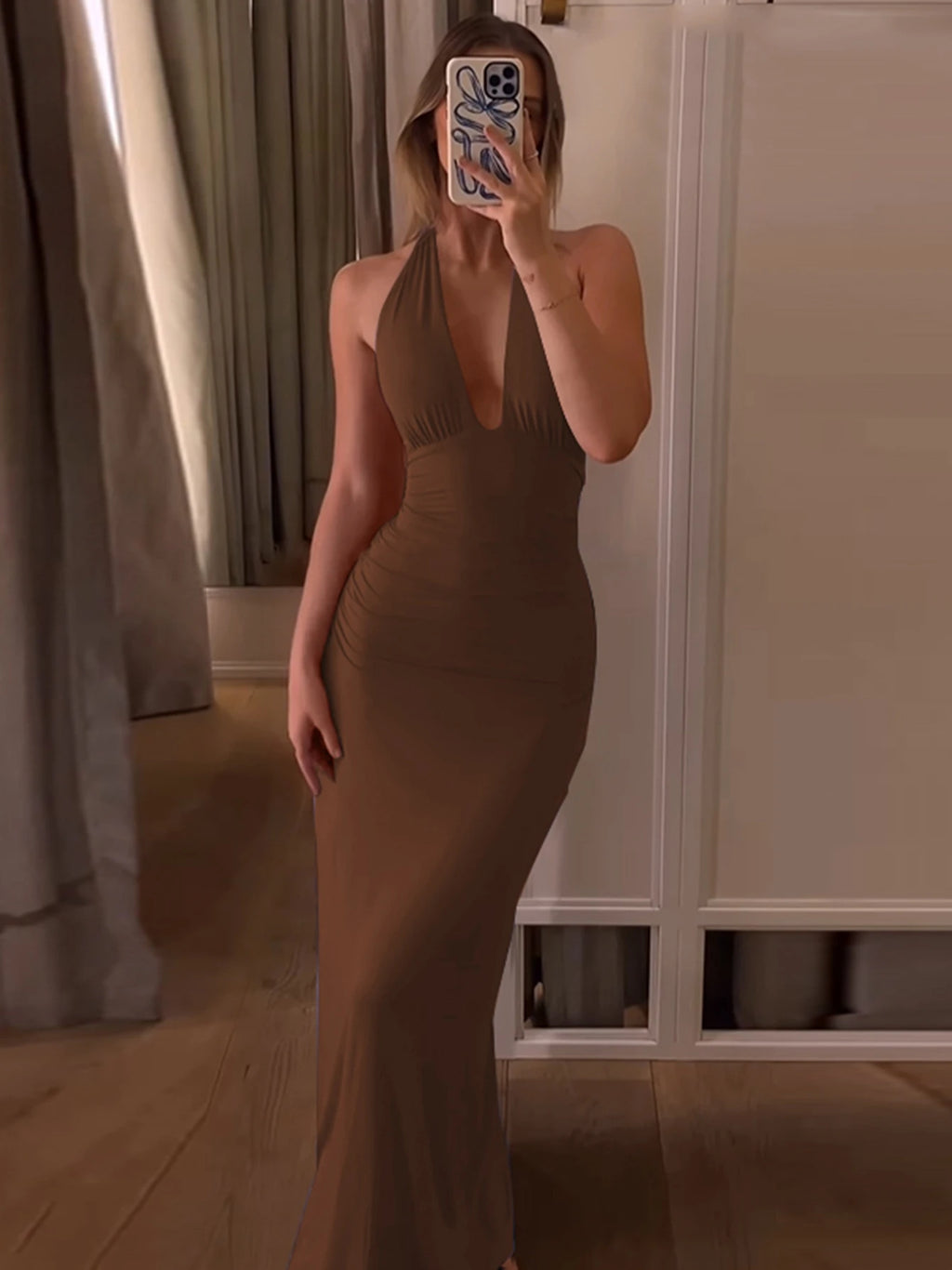 Hugcitar 2025 Summer Halter V Neck Ruched Backless Sexy Elegant Solid Bandage Maxi Dress Women Clothes Evening Party Festival