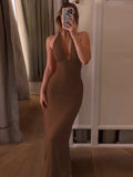 Hugcitar 2025 Summer Halter V Neck Ruched Backless Sexy Elegant Solid Bandage Maxi Dress Women Clothes Evening Party Festival