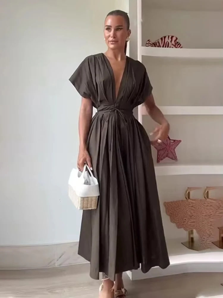 HH Femmes Nouvelle mode Col en V Plissée Épaule Robe mi-longue à manches courtes Tempérament féminin Robe longue décontractée à taille haute