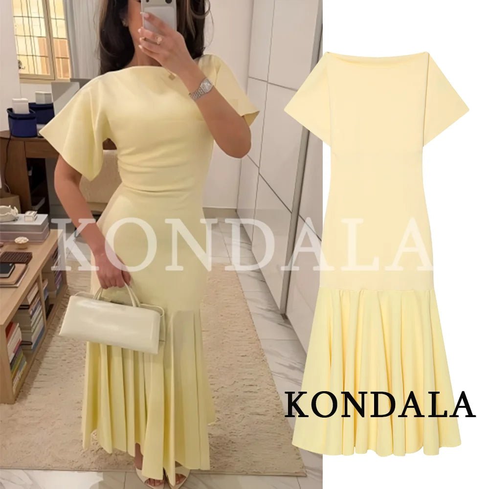 KONDALA Vintage Boat Collar Long Dress Women's Elegant Casual Splicing Pleated Dress New 2026 Spring Summer Fashion Slim Dress