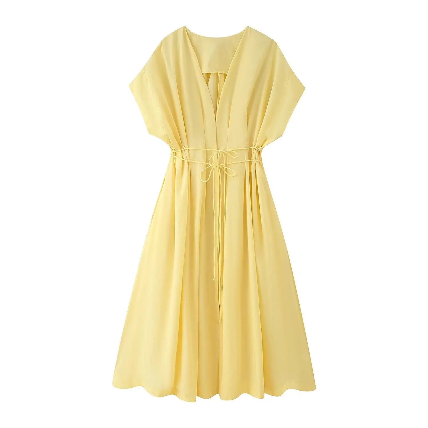 HH Femmes Nouvelle mode Col en V Plissée Épaule Robe mi-longue à manches courtes Tempérament féminin Robe longue décontractée à taille haute