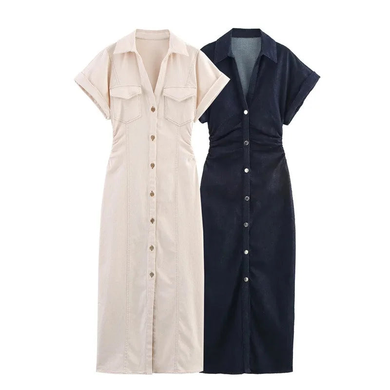 Nouvelles robes longues 2025 Femme Mode Été Col en V Simple Breasted Slim Fit Jupes en jean Vêtements pour femmes Hauts