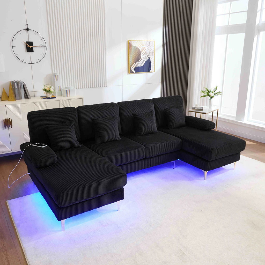 KOMHTOM Comfortable Large Ergonomic U-Sofa with Mood-setting LED Ambient Light, Practical USB-C Charging Function, Sturdy Solid Wood Frame, 4 Soft Luxury Cushions