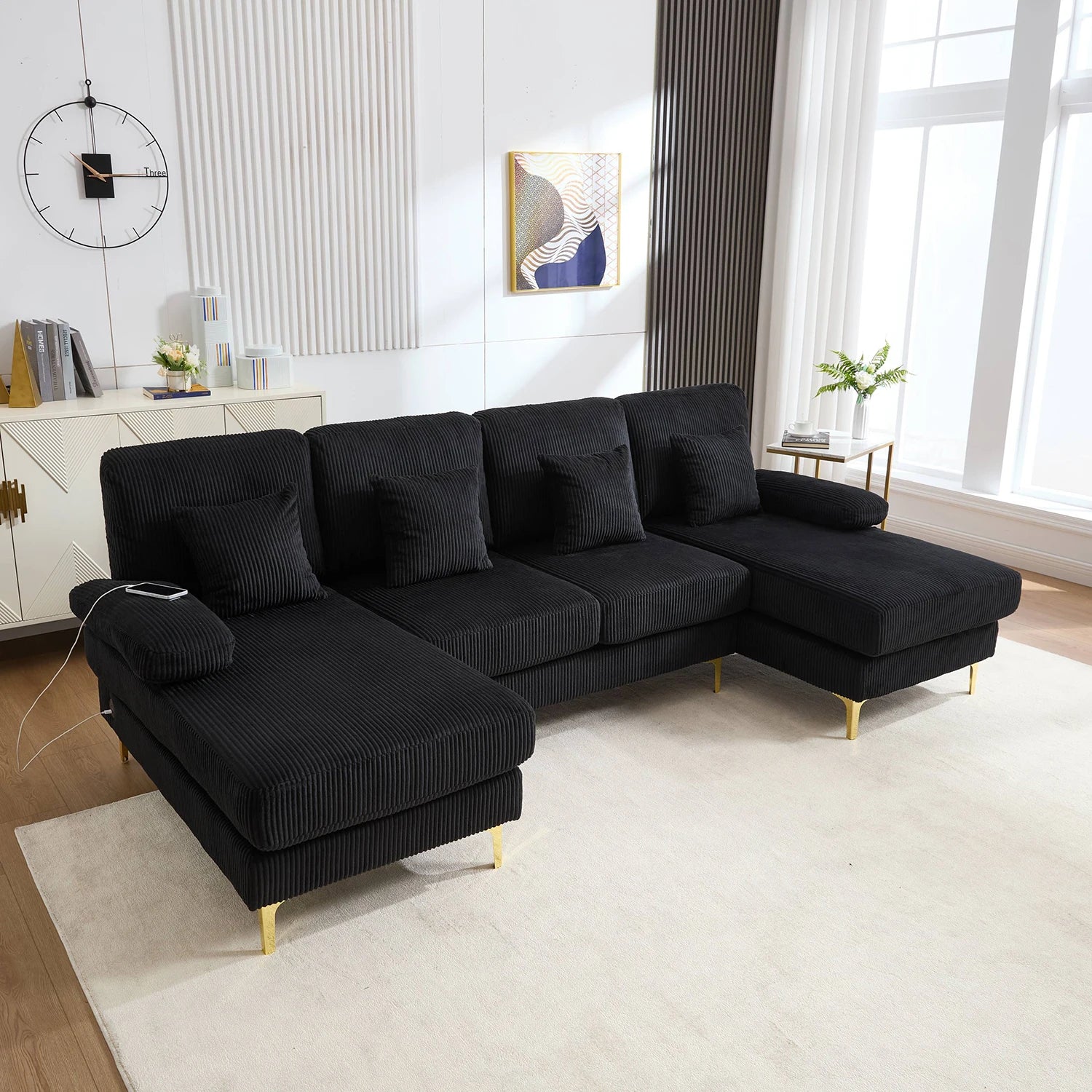 KOMHTOM Comfortable Large Ergonomic U-Sofa with Mood-setting LED Ambient Light, Practical USB-C Charging Function, Sturdy Solid Wood Frame, 4 Soft Luxury Cushions
