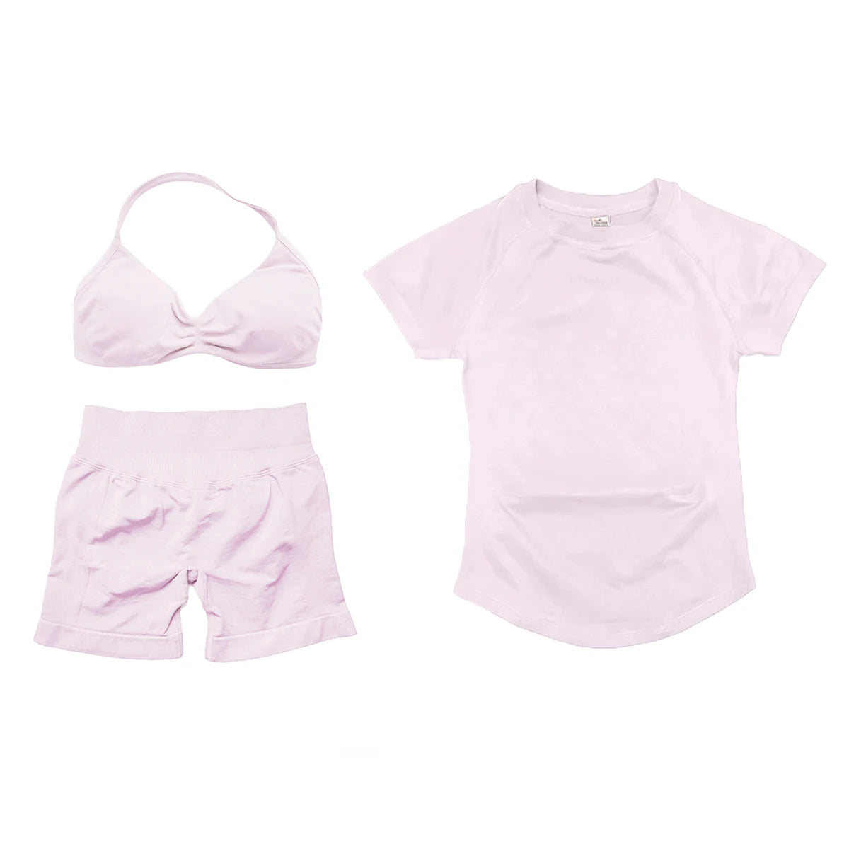 3 Pieces Gym Set Woman Seamless Short Sleeve Top & Scrunch Gym Shorts& Sport Strappy Bra Bodysuit Workout Suits Gym Clothes