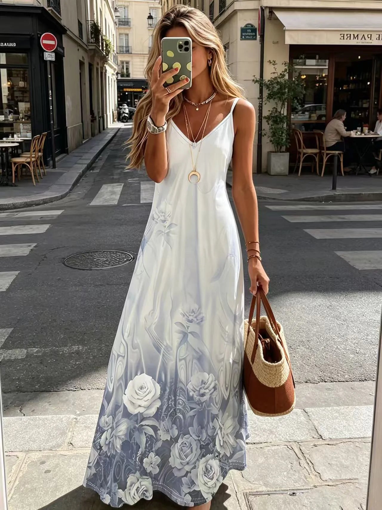 Robe élégante à bretelles à col en V à imprimé floral pour femmes, adaptée aux vêtements décontractés de tous les jours, aux vacances, aux fêtes et au shopping