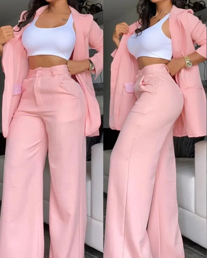 Ensembles de blazer élégant pour femmes Nouvelle mode d’automne Manteau à col claté pour femmes + pantalon design de poche Ensemble Travail Trajet Costume deux pièces