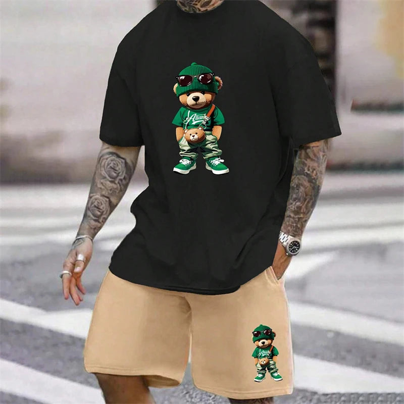 2026 Fun Bear Harajuku T-shirt Hommes Été Lâche Quotidien Couple Costume Extérieur Street Short à Manches Courtes Deux Pièces Costume D’Été Pour Hommes