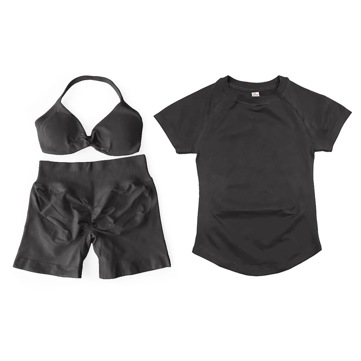 3 Pieces Gym Set Woman Seamless Short Sleeve Top & Scrunch Gym Shorts& Sport Strappy Bra Bodysuit Workout Suits Gym Clothes