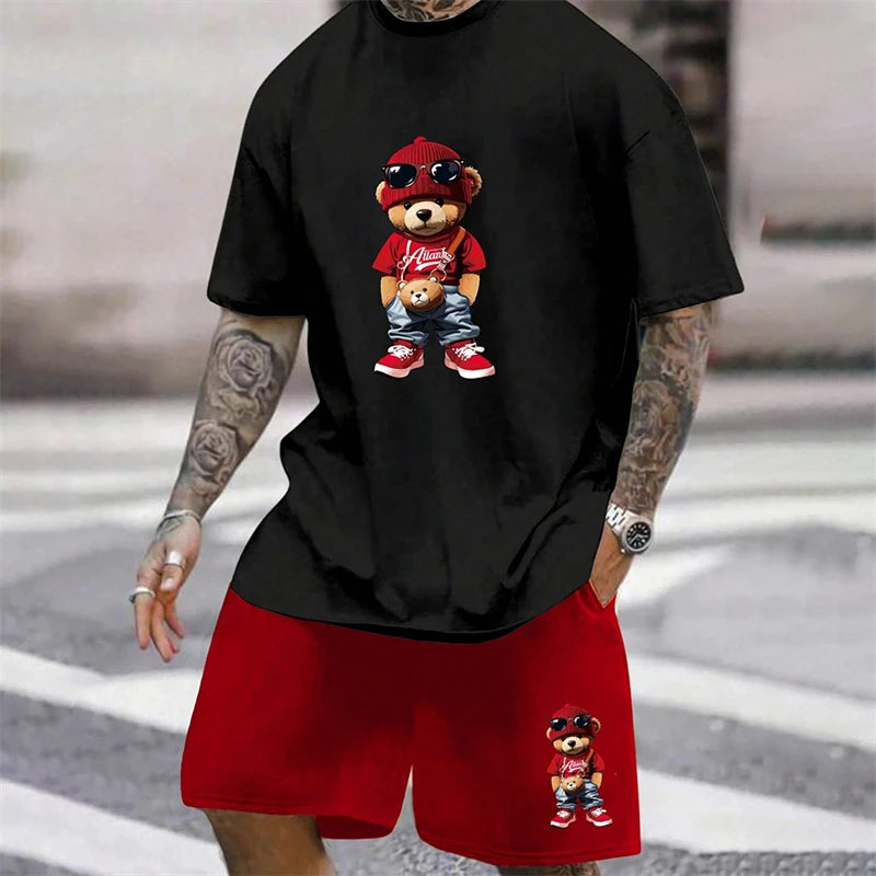 2026 Fun Bear Harajuku T-shirt Hommes Été Lâche Quotidien Couple Costume Extérieur Street Short à Manches Courtes Deux Pièces Costume D’Été Pour Hommes