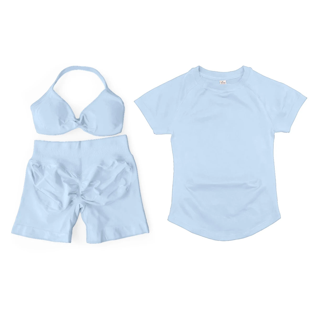 3 Pieces Gym Set Woman Seamless Short Sleeve Top & Scrunch Gym Shorts& Sport Strappy Bra Bodysuit Workout Suits Gym Clothes