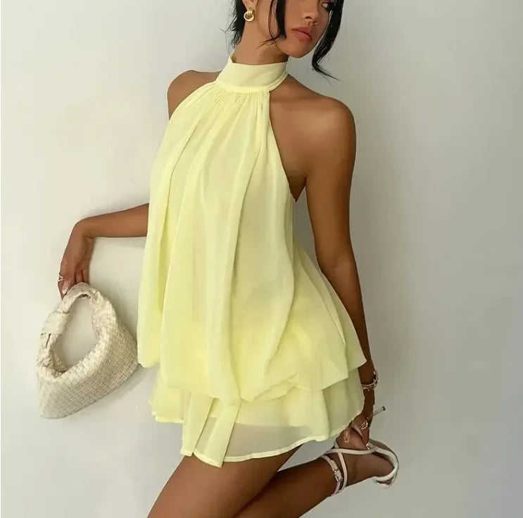 Robe  pour femme dos nu, cravate avant, mini-robe transparente en mousseline de soie, mode, sexy, vintage, robe d’anniversaire mignonne