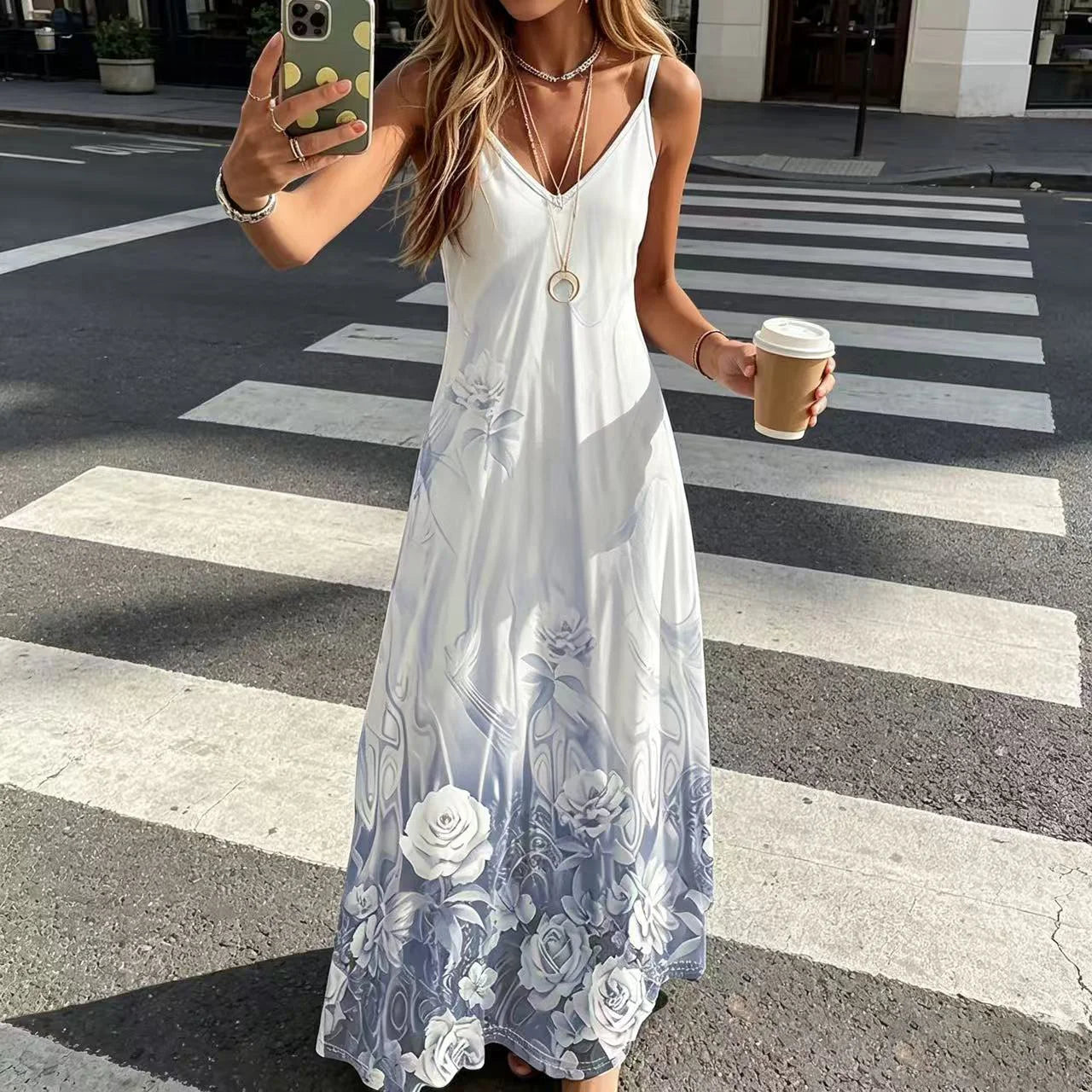 Robe élégante à bretelles à col en V à imprimé floral pour femmes, adaptée aux vêtements décontractés de tous les jours, aux vacances, aux fêtes et au shopping
