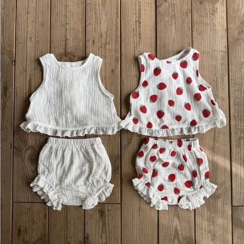 Été Bébé Fille Coton Douce Dentelle Bord Couleur Unie Fraise Gilet Grand P Shorts Ensemble Tenue Bébé