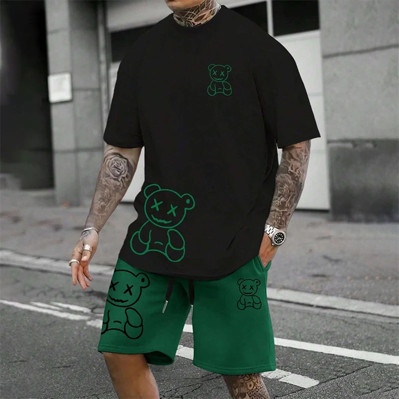 2026 Fun Bear Harajuku T-shirt Hommes Été Lâche Quotidien Couple Costume Extérieur Street Short à Manches Courtes Deux Pièces Costume D’Été Pour Hommes