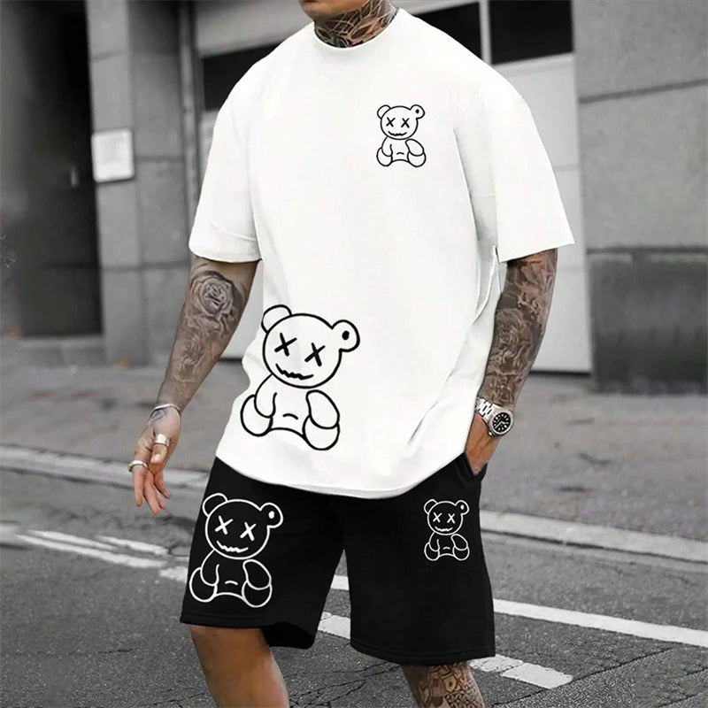 2026 Fun Bear Harajuku T-shirt Hommes Été Lâche Quotidien Couple Costume Extérieur Street Short à Manches Courtes Deux Pièces Costume D’Été Pour Hommes