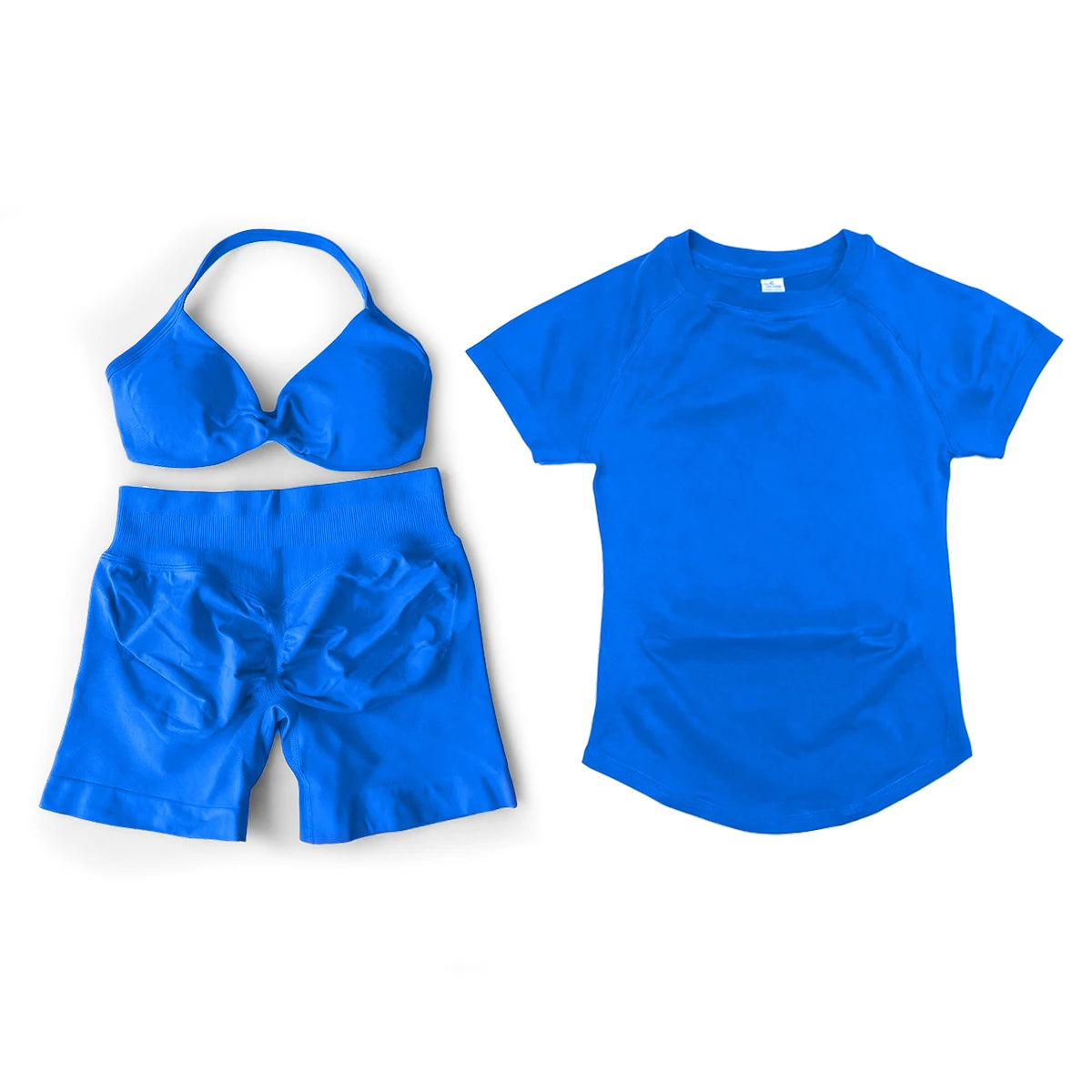 3 Pieces Gym Set Woman Seamless Short Sleeve Top & Scrunch Gym Shorts& Sport Strappy Bra Bodysuit Workout Suits Gym Clothes